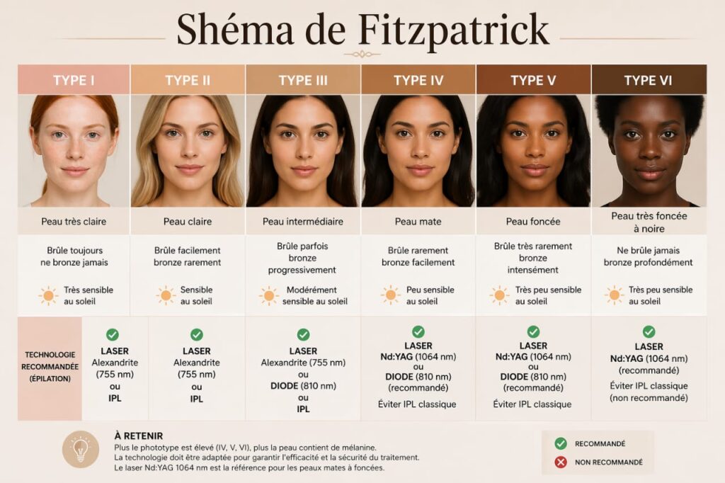 phototypes peau Fitzpatrick I à VI épilation laser IPL Montréal