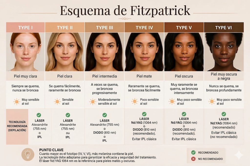 fototipos de piel Fitzpatrick I al VI depilación láser o IPL en Montreal