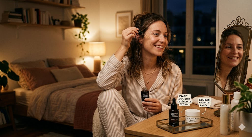 routine rétinol soin de la peau application soir crème hydratante visage skincare
